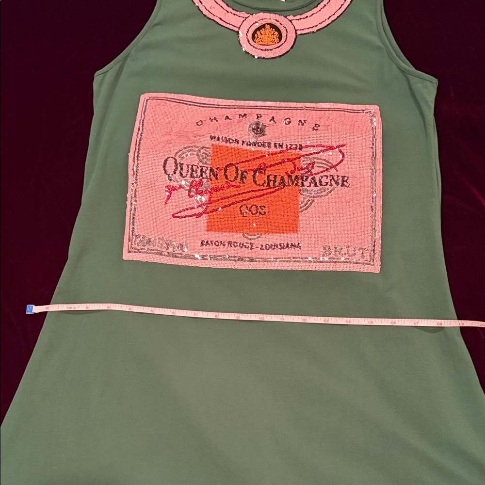 QUEEN OF SPARKLES Green Sleeveless Dress with Pink Sequin Label - Picture 5 of 13